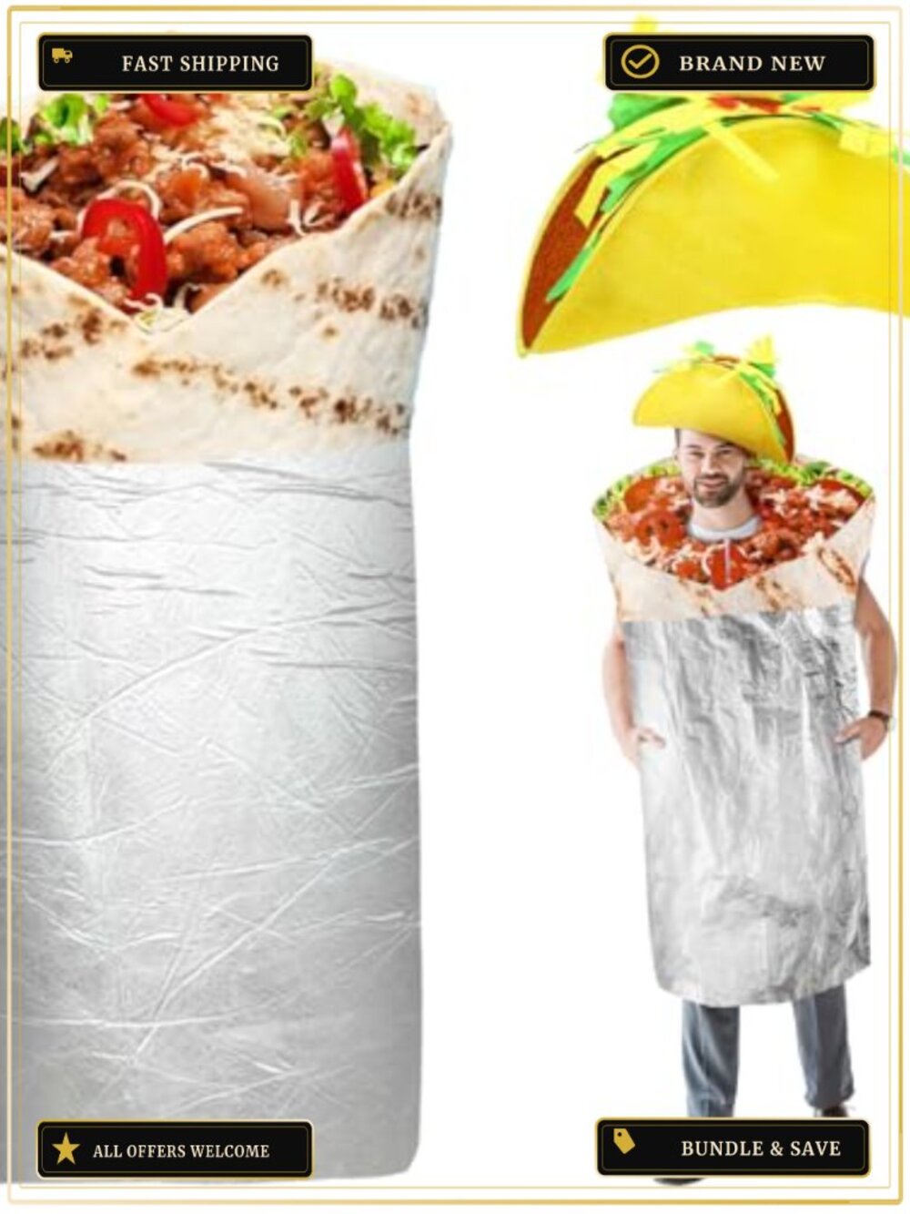 Adult Taco Costume Set with Hat Funny Unisex Halloween Bodysuit